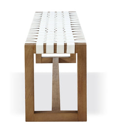 One Woven Leather and Solid Wood Dining Bench in White and Bisque - Ornate Home