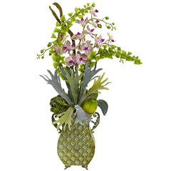 Orchid & Bells of Ireland w/Metal Vase - Ornate Home