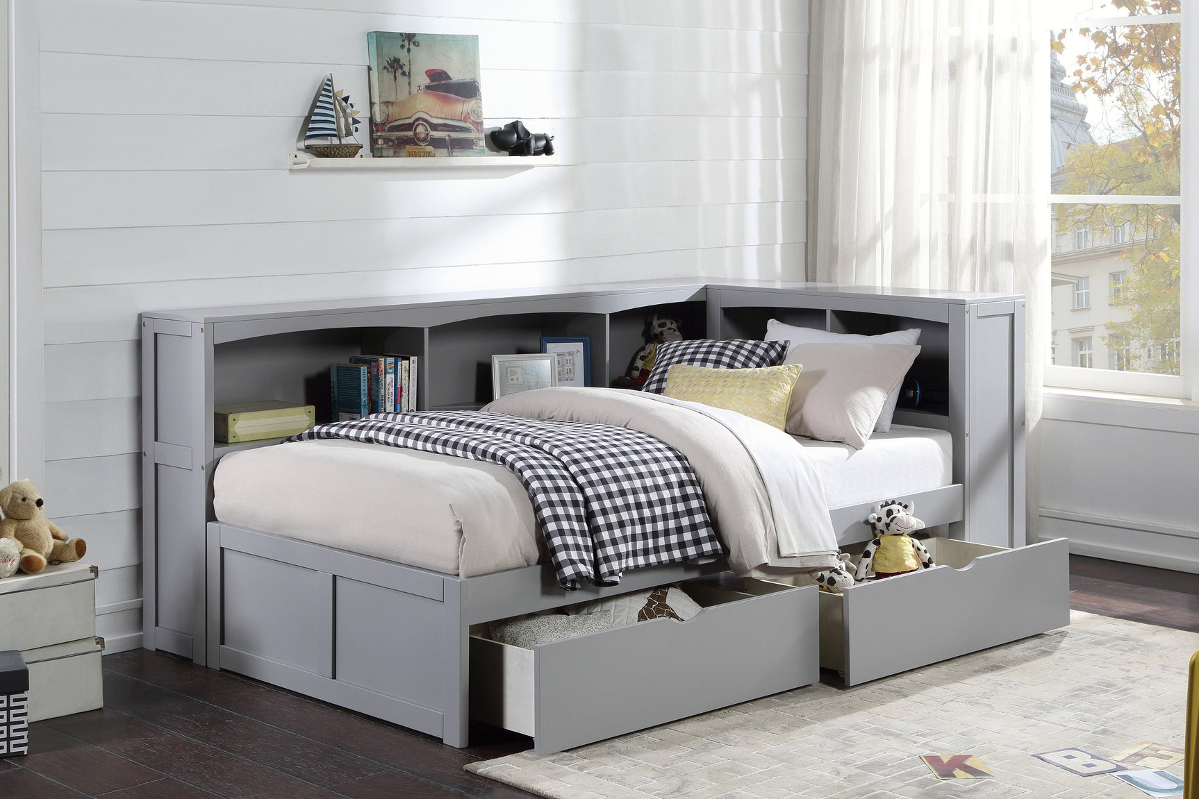 Orion Gray Twin Bookcase Corner Bed - Ornate Home