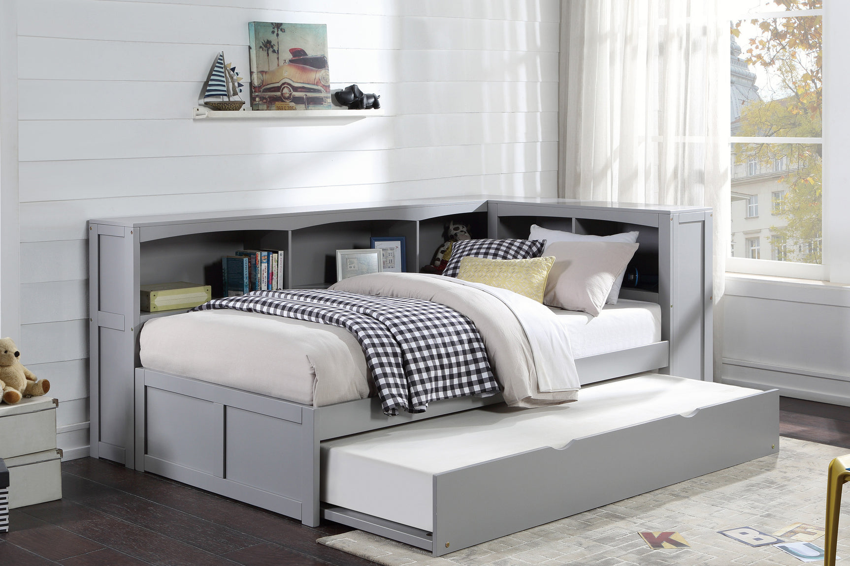 Orion Gray Twin Bookcase Corner Platform Bed with Twin Trundle - Ornate Home