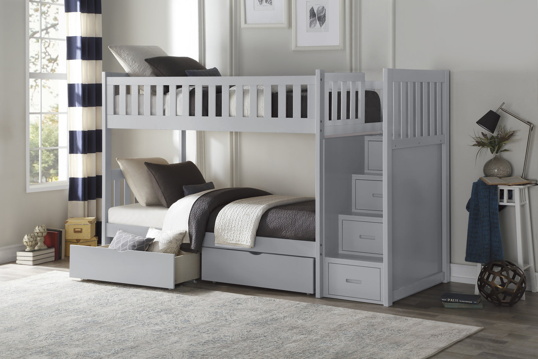 Orion Gray Twin/Twin Step Bunk Bed With Storage Boxes - Ornate Home