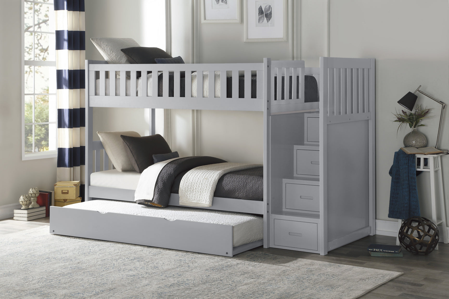 Orion Gray Twin/Twin Step Bunk Bed with Twin Trundle - Ornate Home