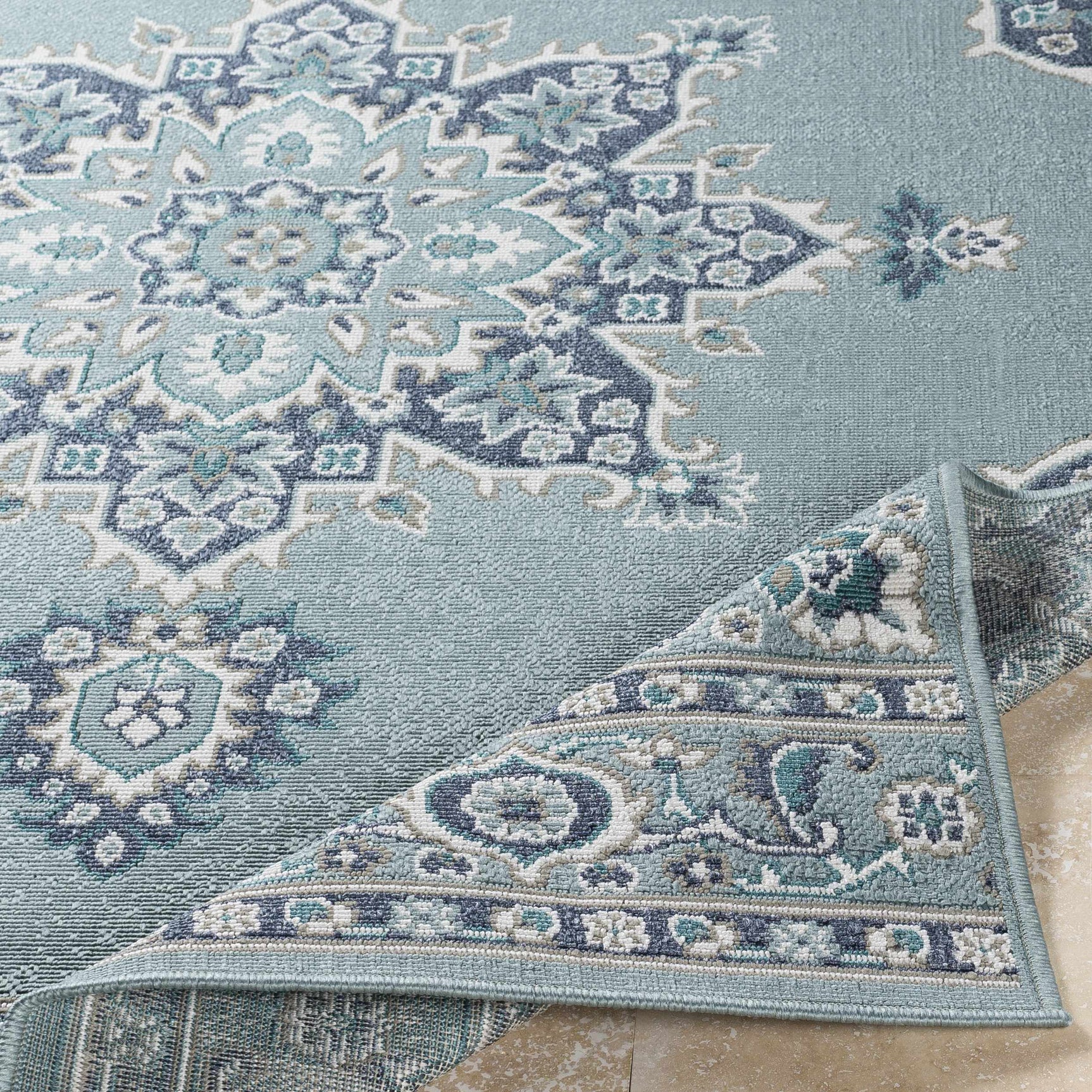 Orla Pale Blue Medallion Outdoor Area Rug - Clearance - Ornate Home