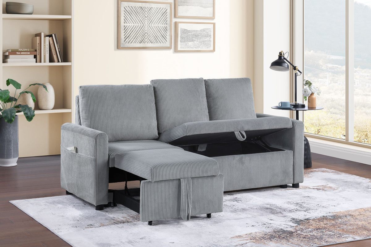 Oswin Gray 70"W Corduroy Sofa with Pull-Out Chaise - Ornate Home