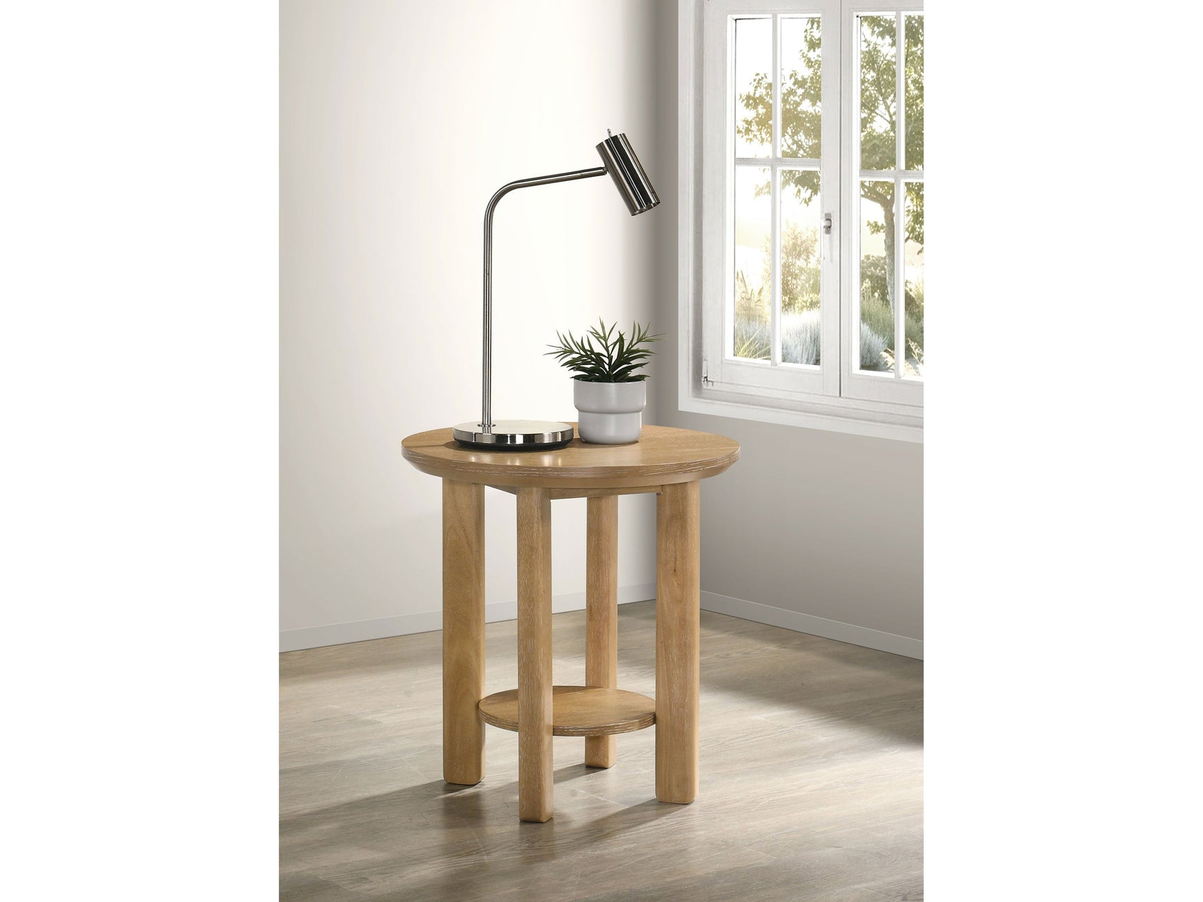 Ottowa Washed Oak Round Wood Side End Table with Shelf - Ornate Home