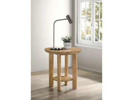 Ottowa Washed Oak Round Wood Side End Table with Shelf - Ornate Home