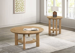 Ottowa Washed Oak Round Wood Side End Table with Shelf - Ornate Home