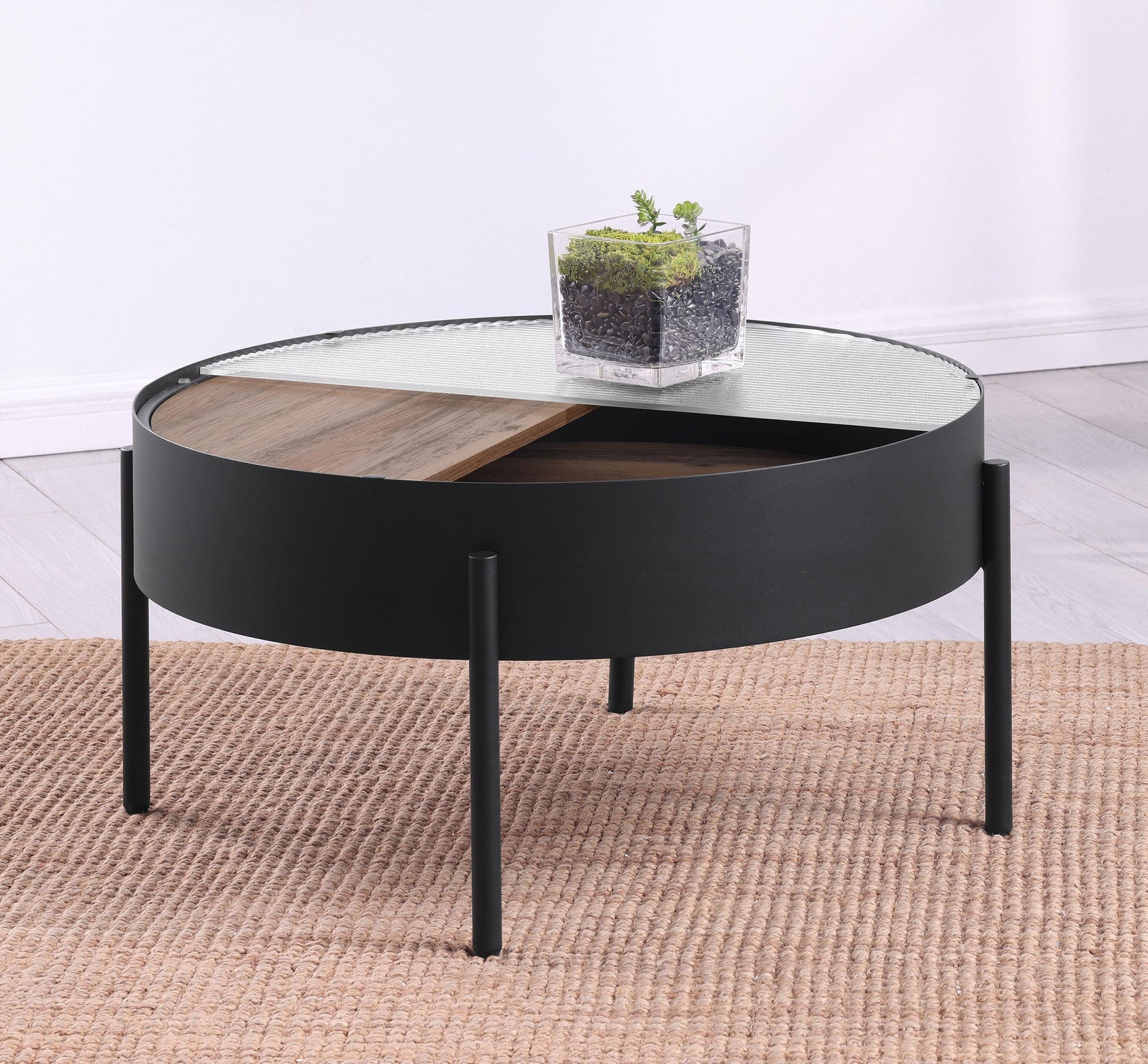 Ozella Sandy Black Round Coffee Table with Hidden Storage - Ornate Home