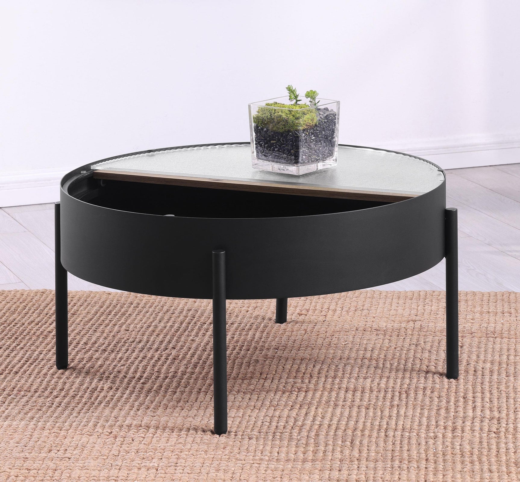 Ozella Sandy Black Round Coffee Table with Hidden Storage - Ornate Home