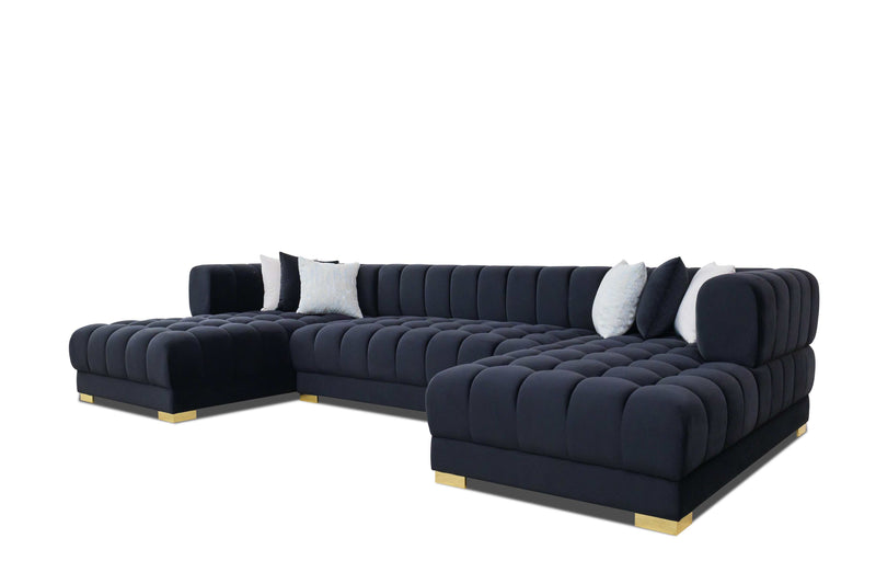 Lipa Black Velvet Double Chaise "U" Shape Sectional Sofa - Ornate Home
