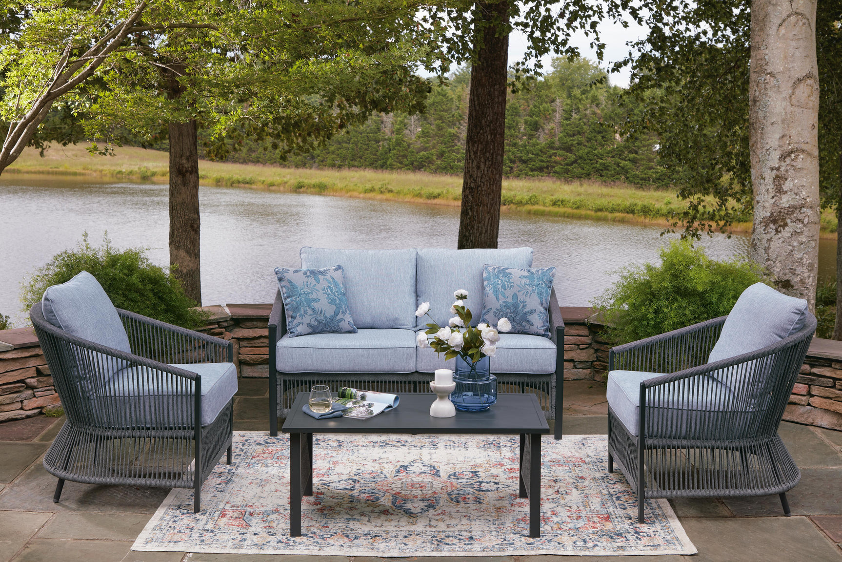 Bodega Island Gray Outdoor Love/Chairs/Table Set (Set of 4)