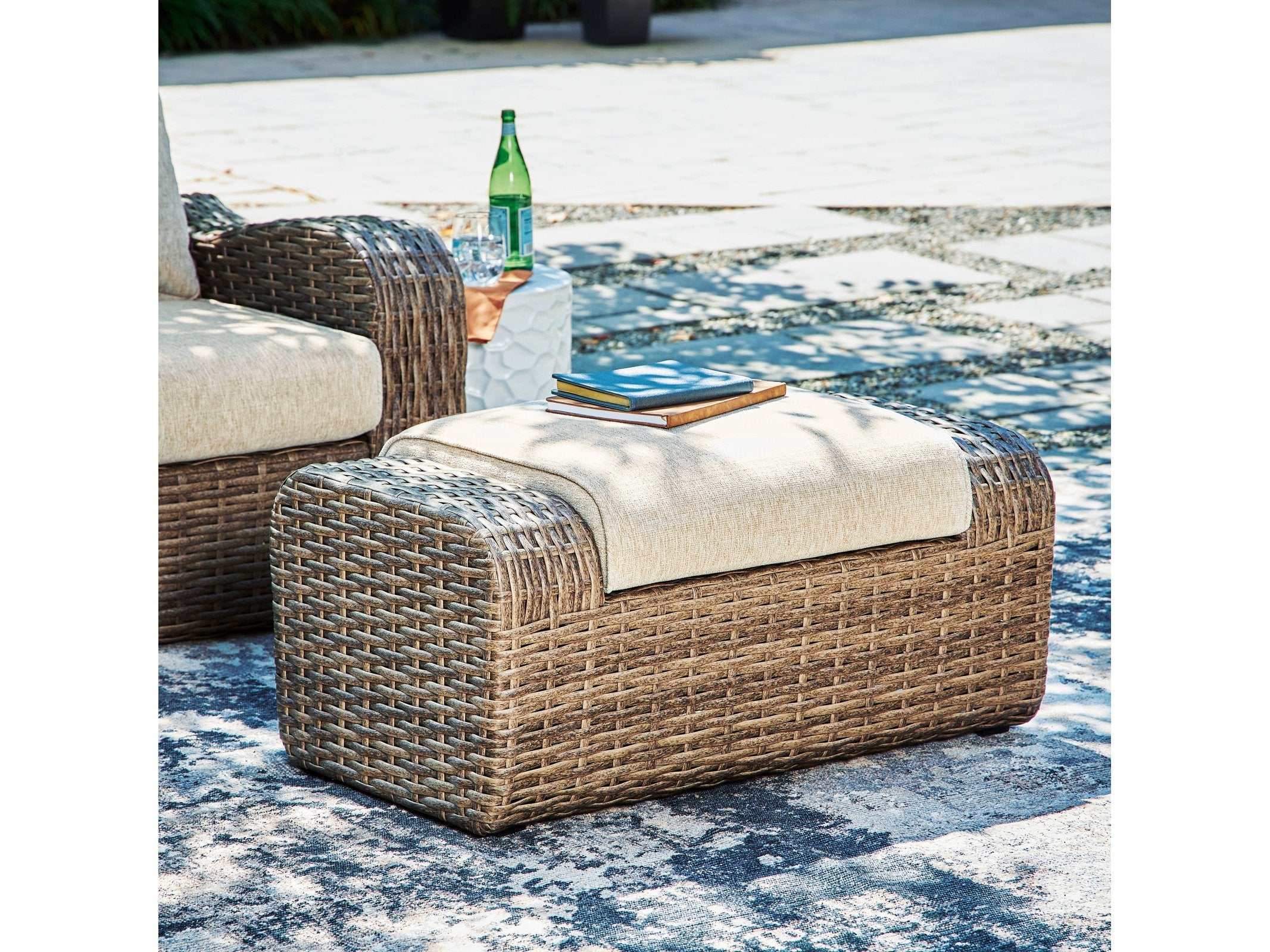 Sandy Bloom Beige Outdoor Ottoman w/ Cushion - Ornate Home