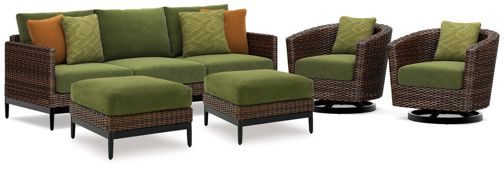 Horizon Hall Brown/Green Outdoor Sofa, 2 Lounge Chairs and 2 Ottomans