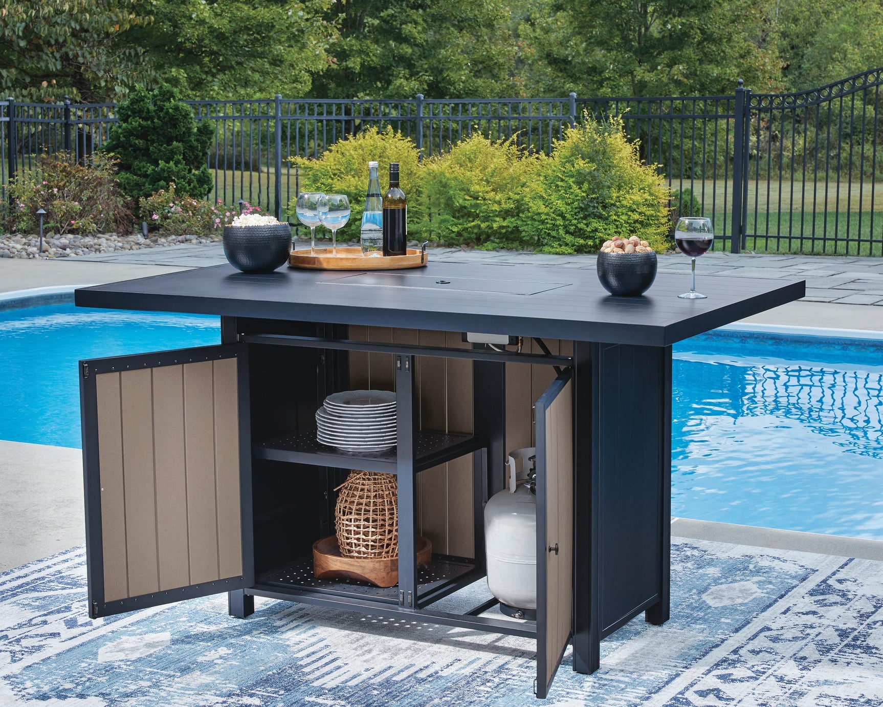 Mabry Shores Navy Blue/Driftwood Outdoor Bar Table with Fire Pit