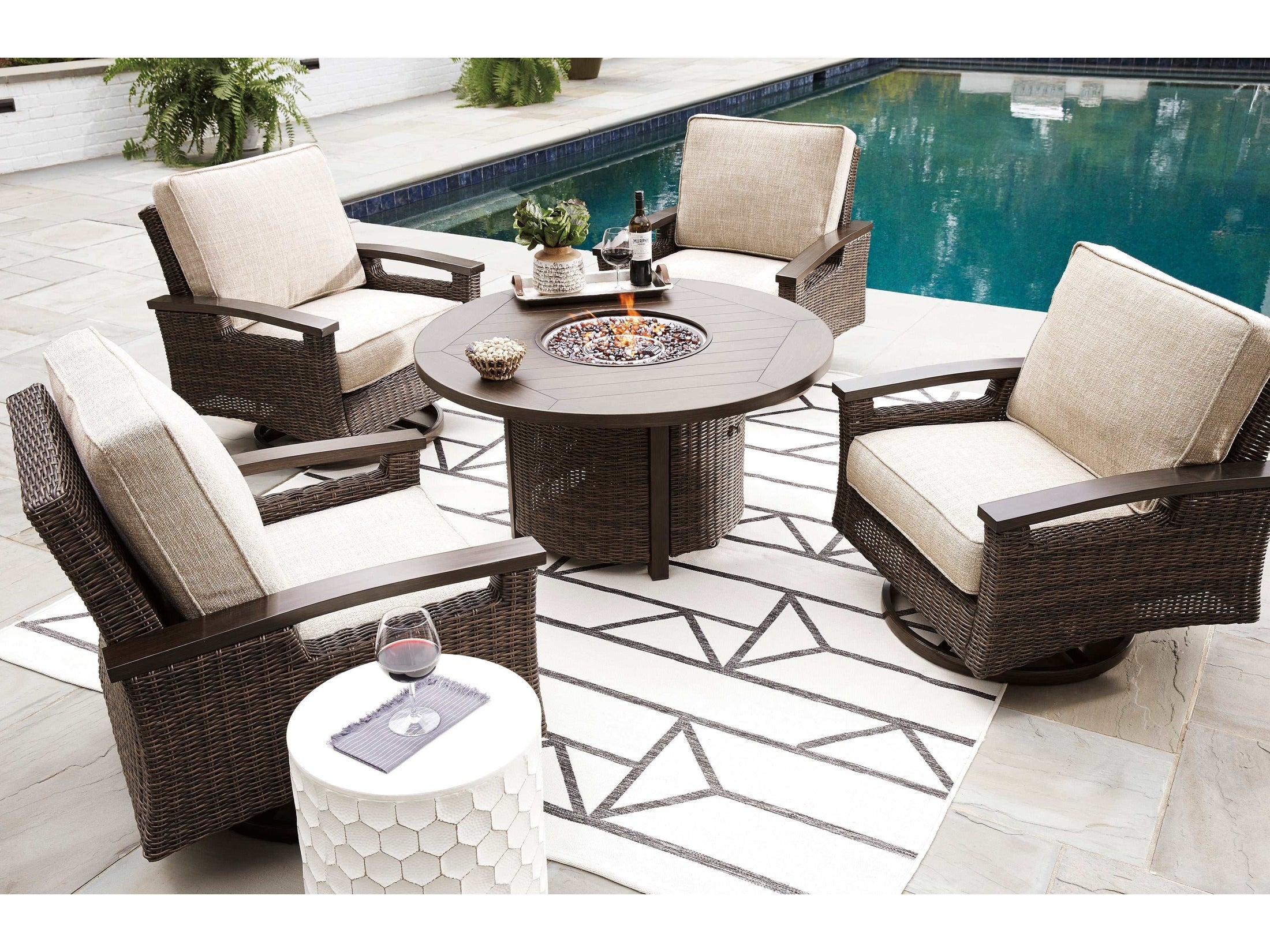 Paradise Trail Medium Brown Outdoor Fire Pit Table & Chair Set / 5pc - Ornate Home