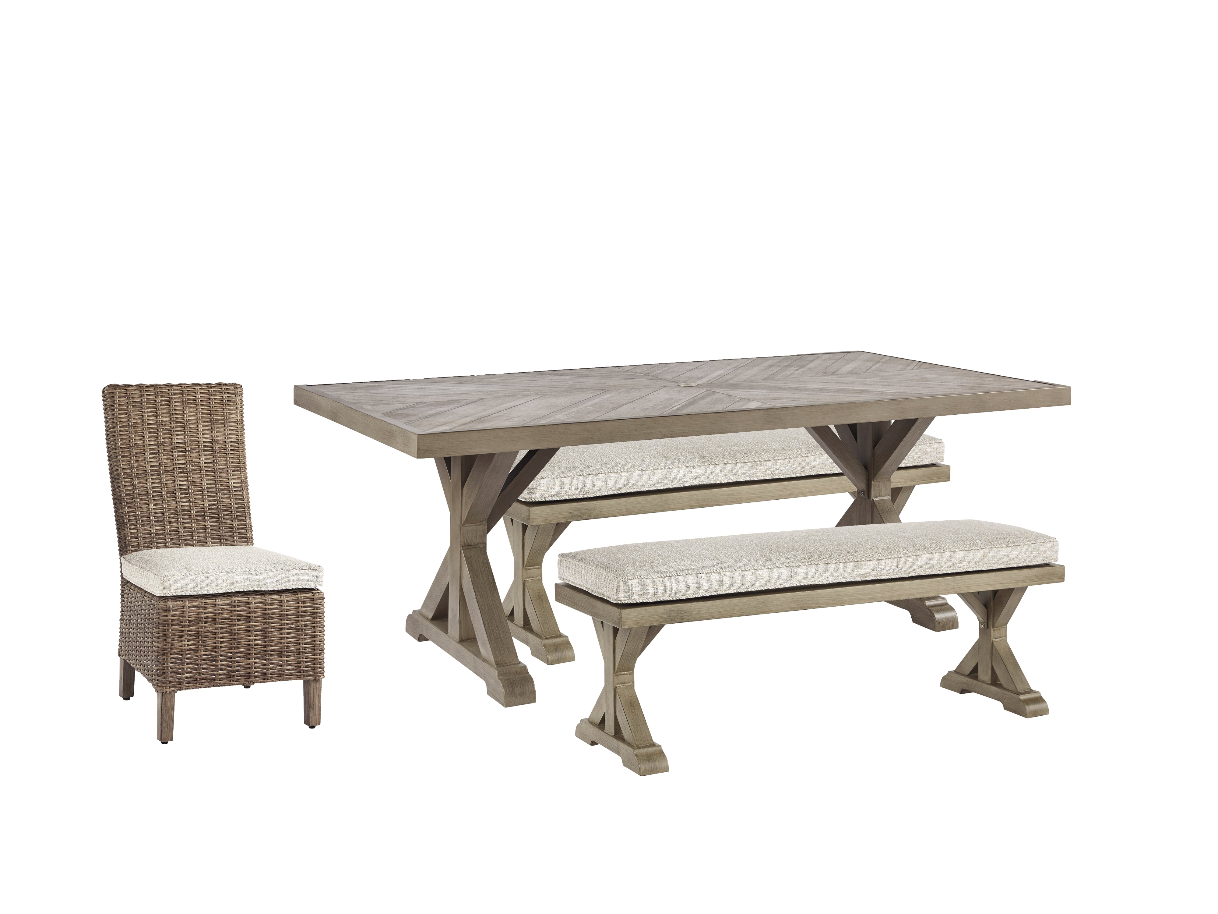 Beachcroft Beige Outdoor Dining Table with 4 Chairs and Bench - Ornate Home