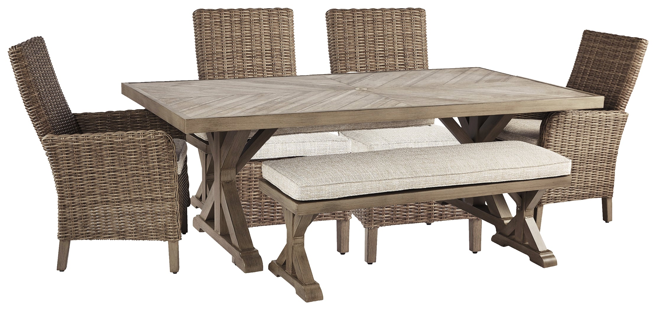 Beachcroft Beige Outdoor Dining Table with 4 Chairs and Bench - Ornate Home