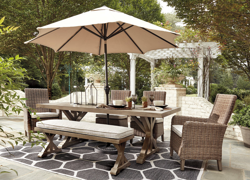 Beachcroft Beige Outdoor Dining Table with 4 Chairs and Bench - Ornate Home