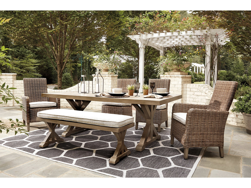 Beachcroft Beige Outdoor Dining Table with 4 Chairs and Bench - Ornate Home