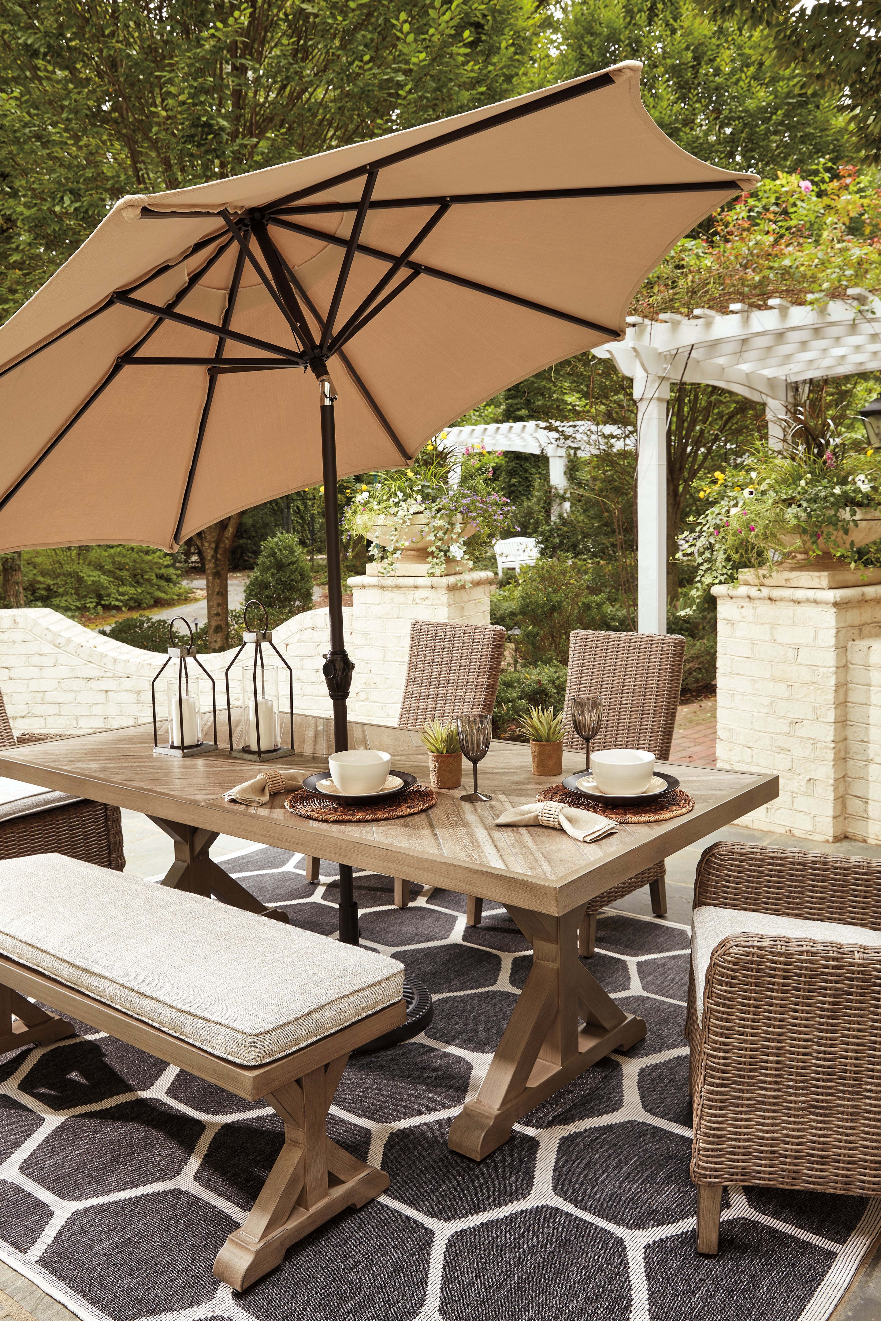 Beachcroft Beige Outdoor Dining Table with 4 Chairs and Bench - Ornate Home