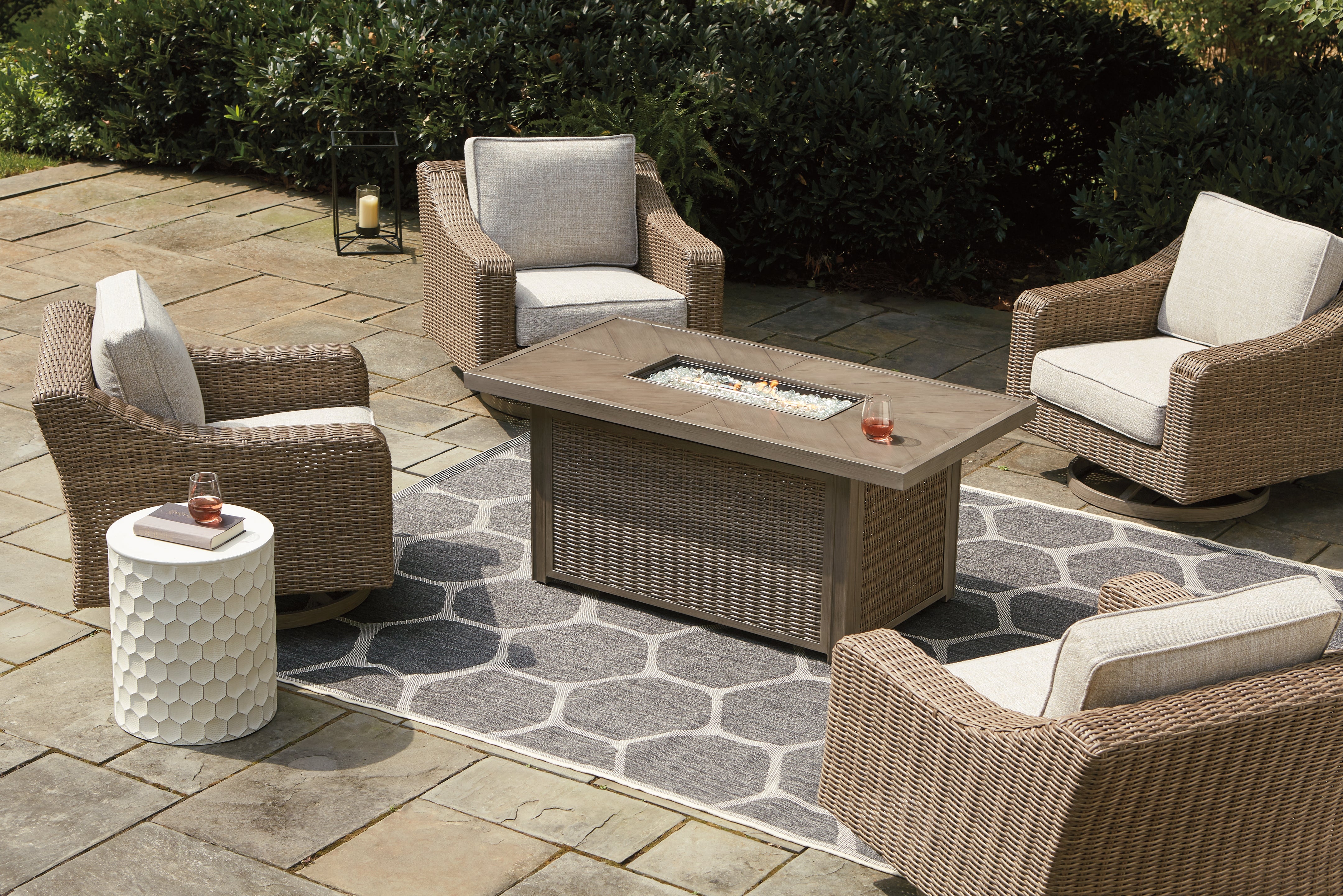 Beachcroft Beige 5-Piece Outdoor Fire Pit Table with 4 Chairs - Ornate Home