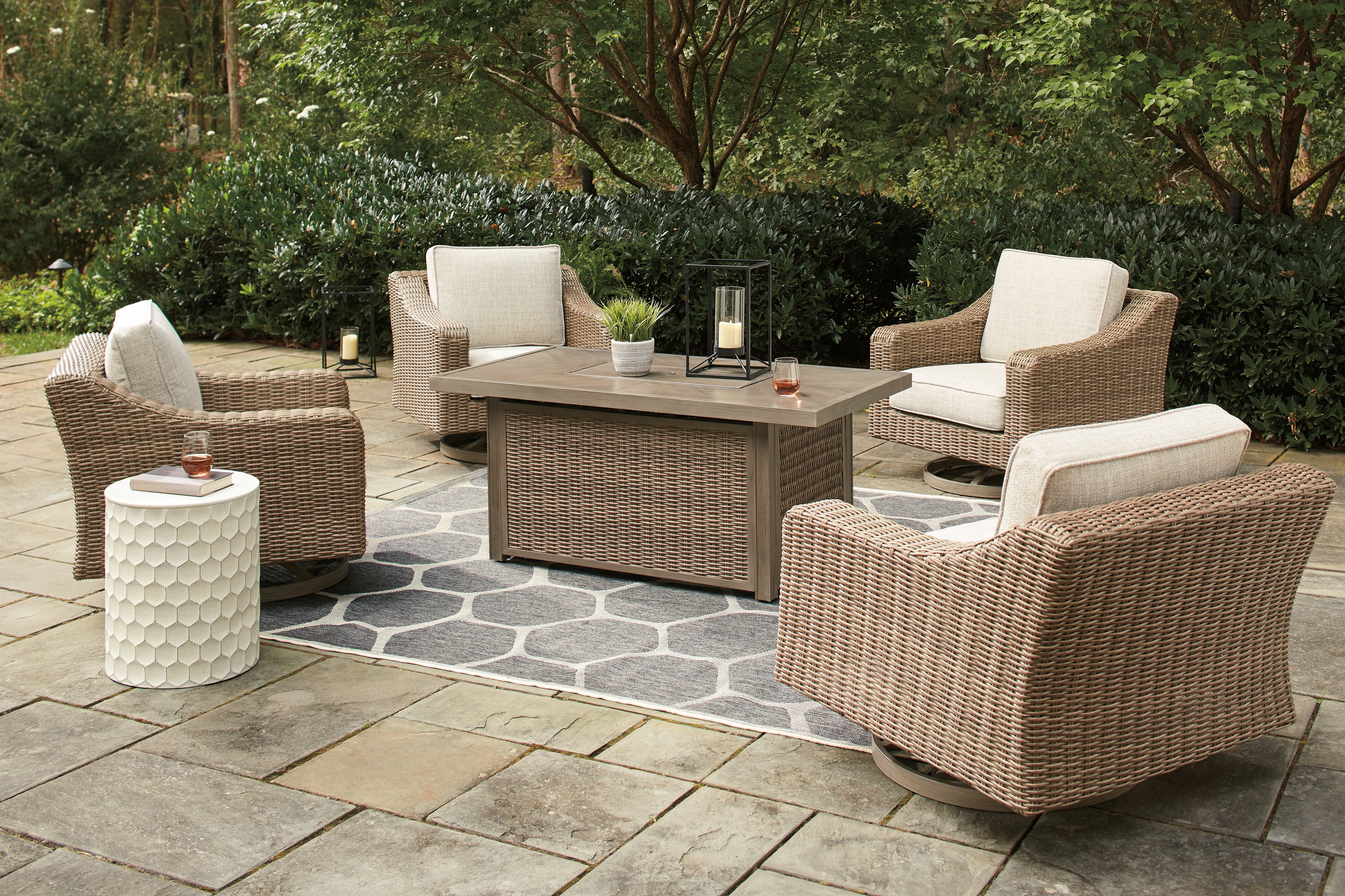 Beachcroft Beige 5-Piece Outdoor Fire Pit Table with 4 Chairs - Ornate Home