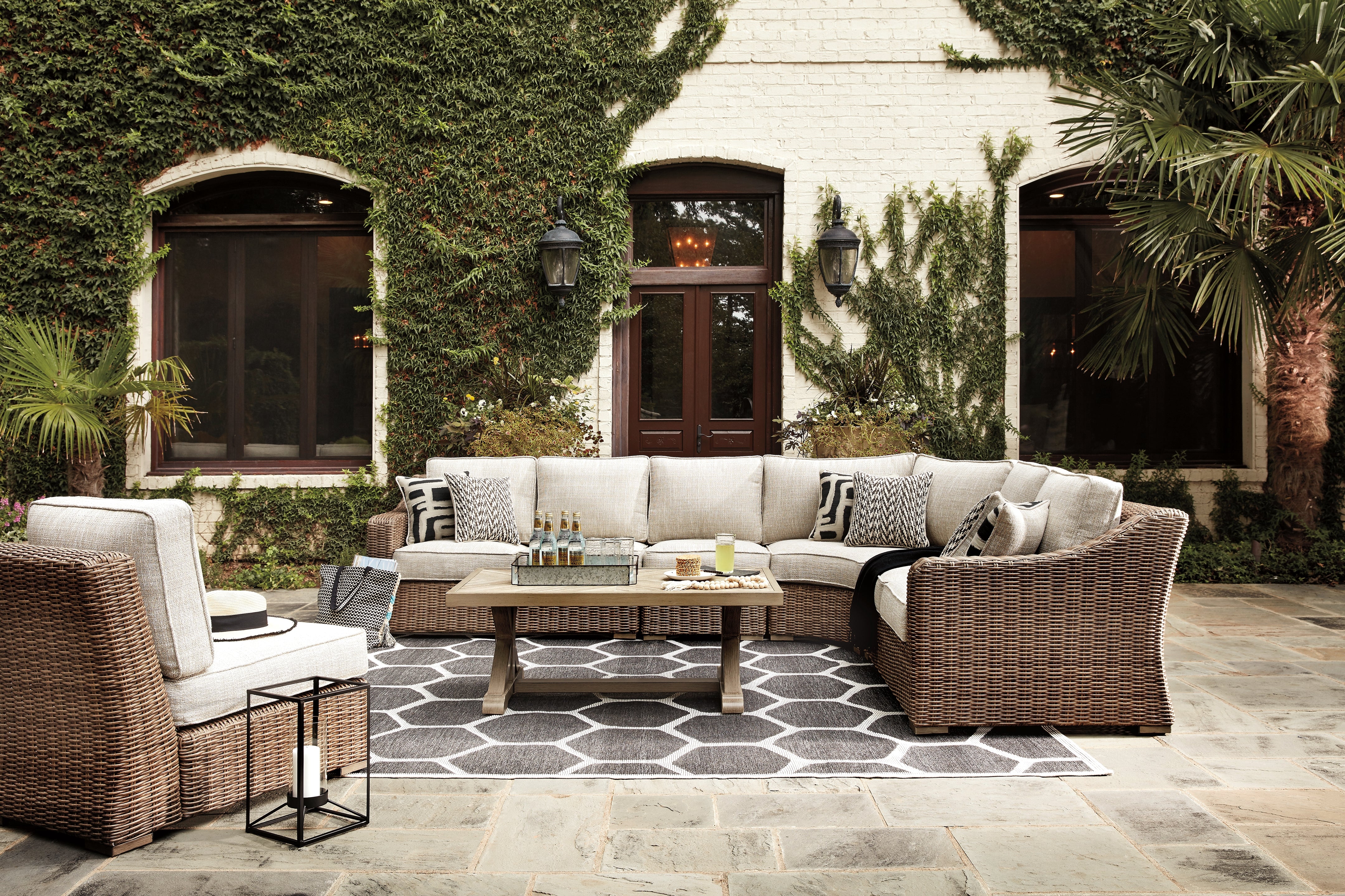 Beachcroft Beige 3-Piece Outdoor Sectional with Coffee Table and 2 End Tables - Ornate Home