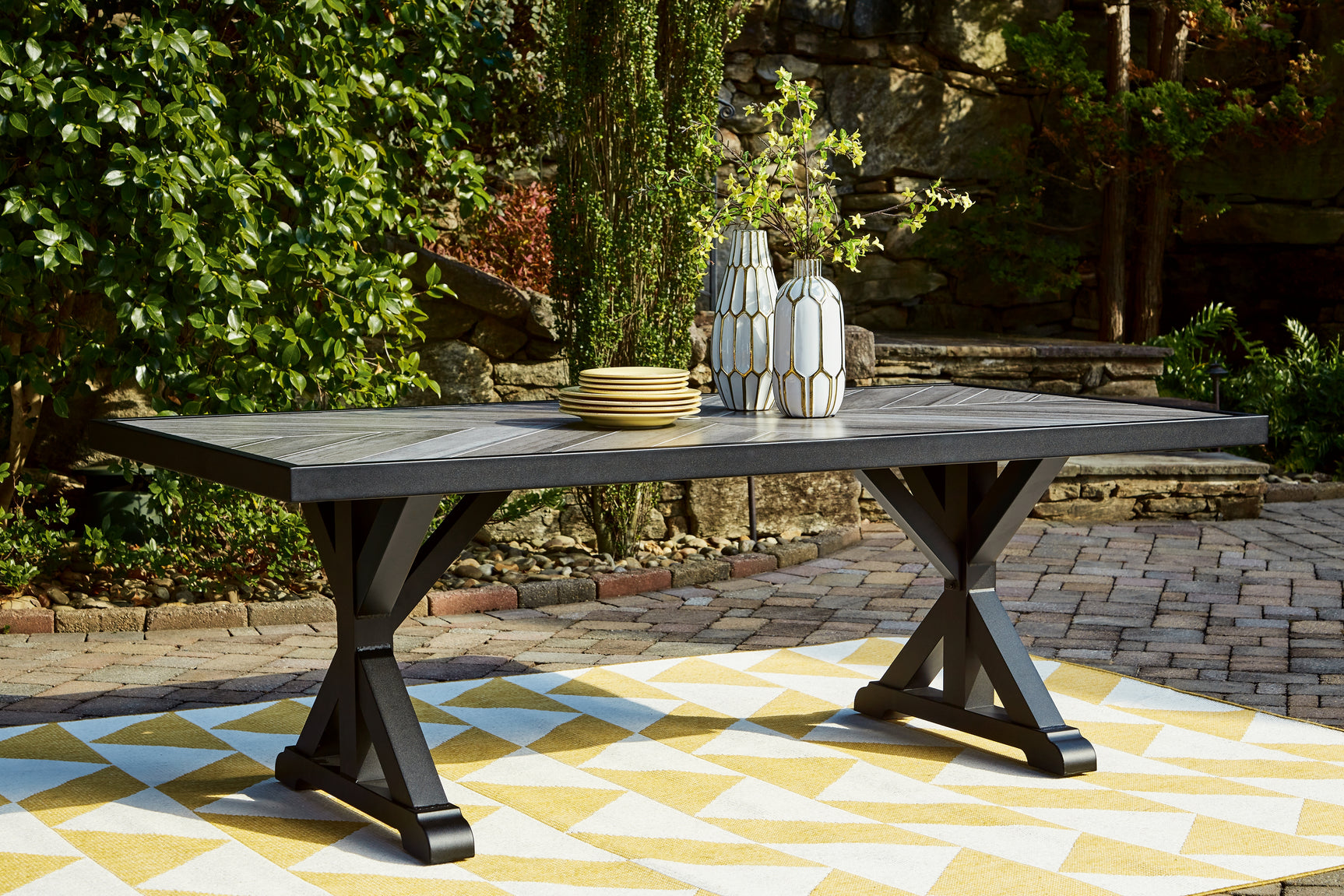Beachcroft Black/Light Gray Outdoor Dining Table, 4 Chairs and Bench