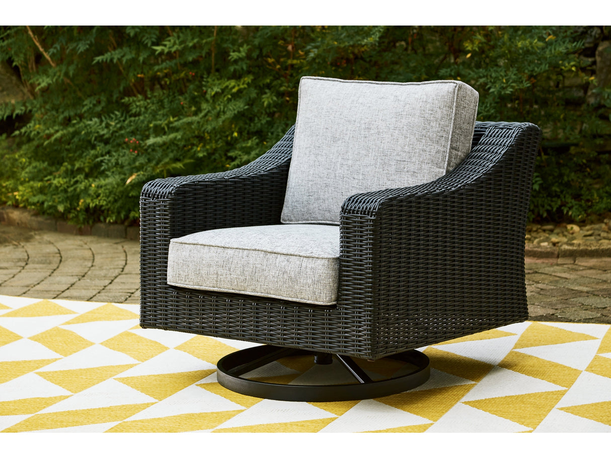 Beachcroft Black/Light Gray Outdoor Swivel Lounge with Cushion - Ornate Home