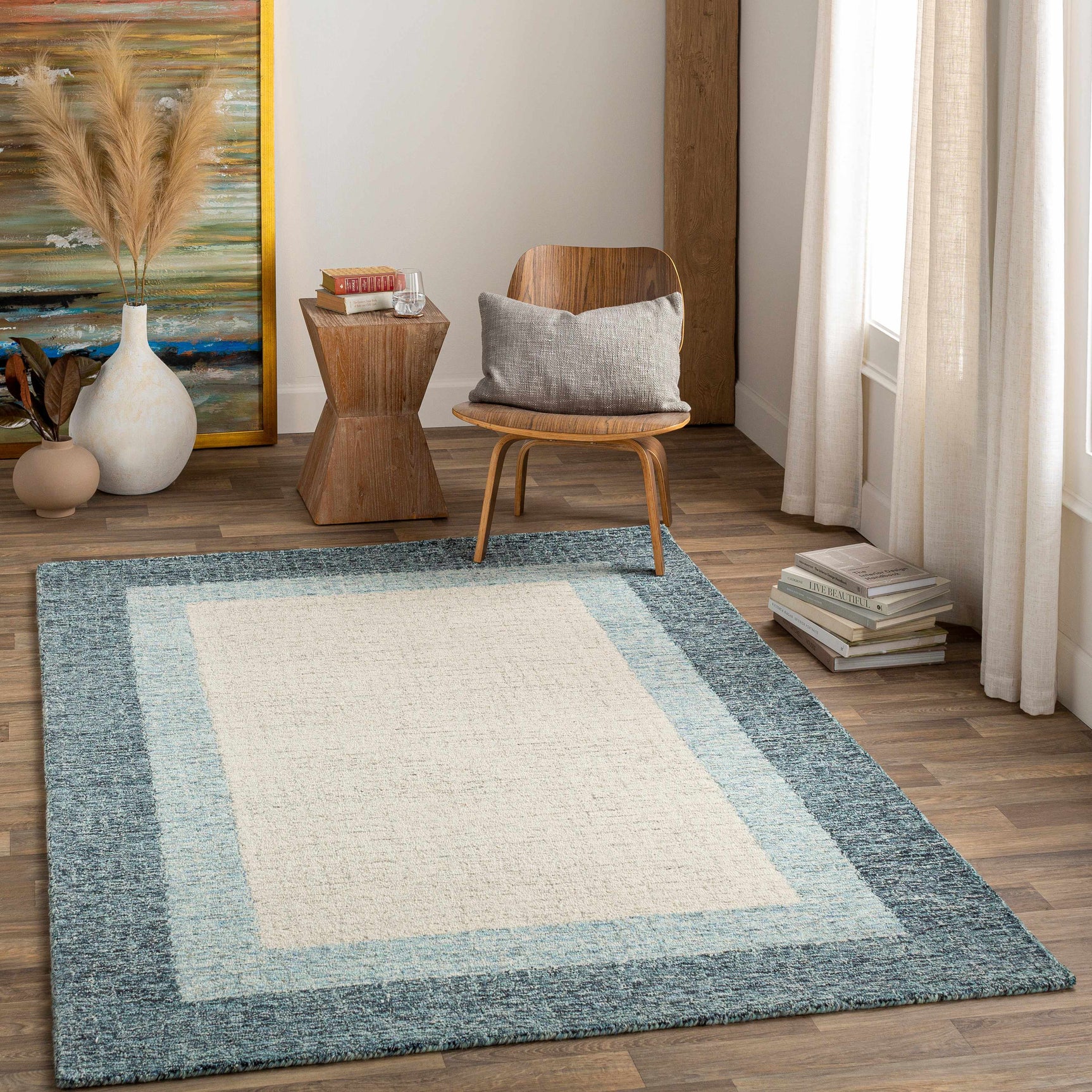 Padada Green Bordered Cream Wool Rug - Ornate Home