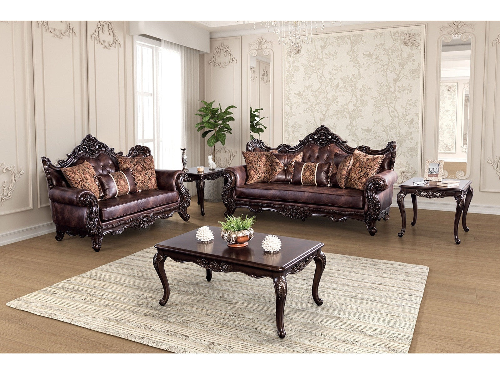 Palencia Dark Cherry/Brown Leatherette Sofa & Loveseat - Ornate Home