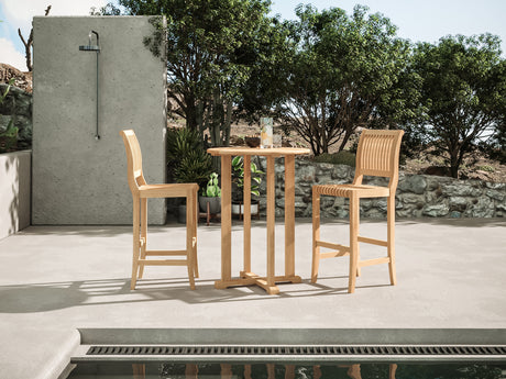 Palm 3-Piece Round Teak Outdoor Bar Height Dining Set - Ornate Home