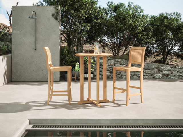 Palm 3-Piece Round Teak Outdoor Bar Height Dining Set - Ornate Home