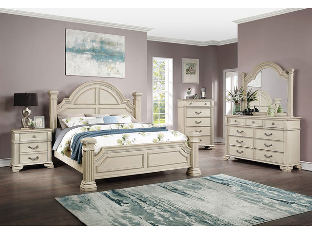 Pamphilos Antique White Queen Bed & Nightstand & Dresser & Mirror & Chest - Ornate Home