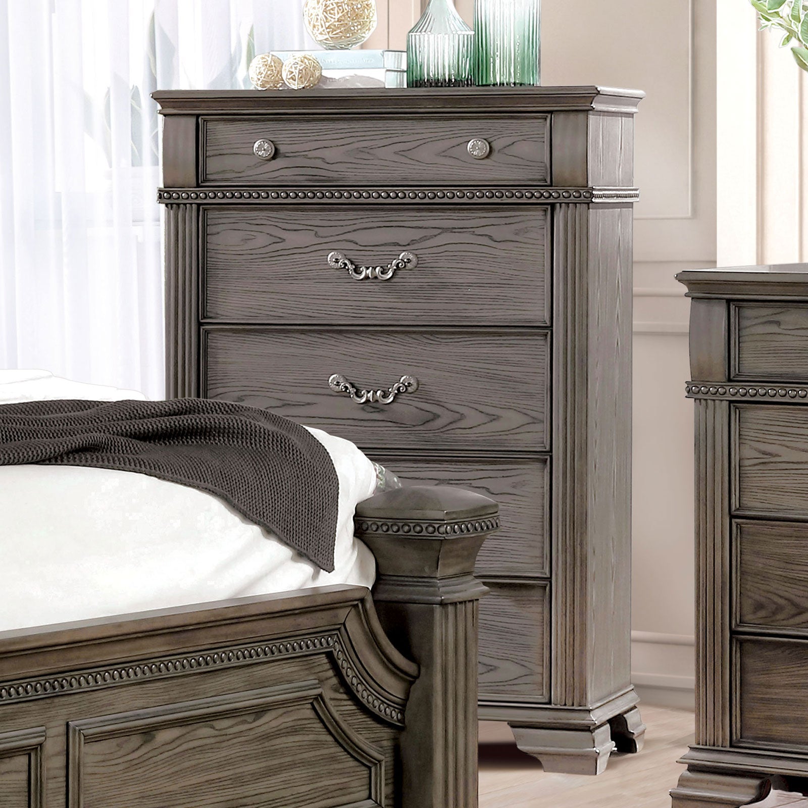 Pamphilos Gray Queen Bed & Nightstand & Dresser & Mirror & Chest - Ornate Home