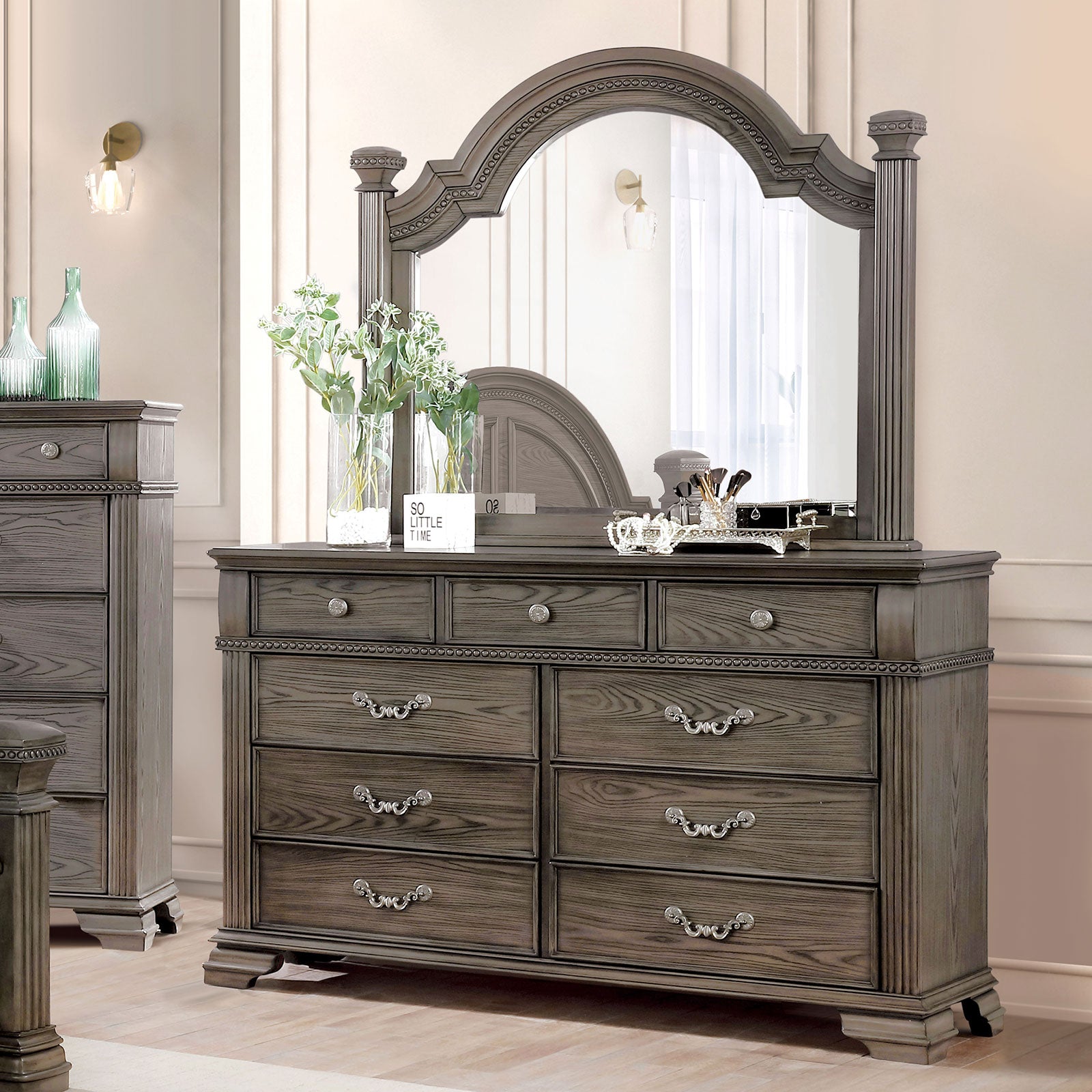 Pamphilos Gray Queen Bed & Nightstand & Dresser & Mirror - Ornate Home