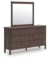 Pamytta Brown/Black Queen Upholstered Panel Bed, Dresser and Mirror (Online Special Price) - Ornate Home