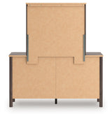 Pamytta Brown/Black Queen Upholstered Platform Bed, Dresser and Mirror (Online Special Price) - Ornate Home