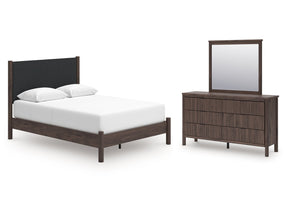 Pamytta Brown/Black Queen Upholstered Platform Bed, Dresser and Mirror - Ornate Home