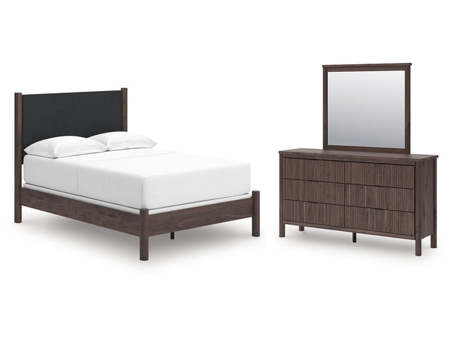 Pamytta Brown Full Upholstered Panel Bed, Dresser and Mirror (Online Special Price) - Ornate Home