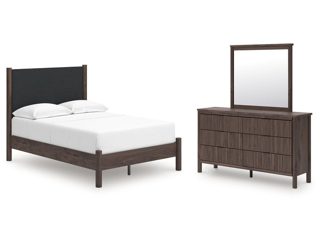 Pamytta Brown Full Upholstered Platform Bed, Dresser and Mirror - Ornate Home