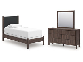 Pamytta Brown Twin Upholstered Panel Bed, Dresser and Mirror (Online Special Price) - Ornate Home