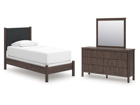 Pamytta Brown Twin Upholstered Panel Bed, Dresser and Mirror - Ornate Home