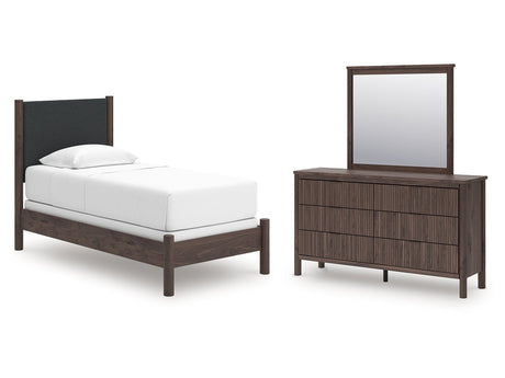 Pamytta Brown Twin Upholstered Panel Bed, Dresser and Mirror - Ornate Home