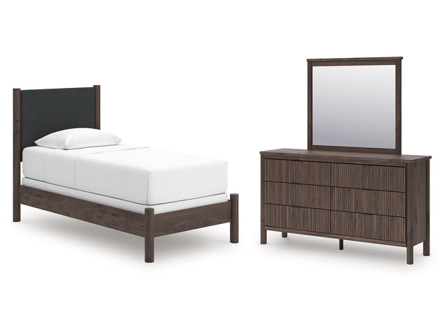 Pamytta Brown Twin Upholstered Panel Bed, Dresser and Mirror - Ornate Home