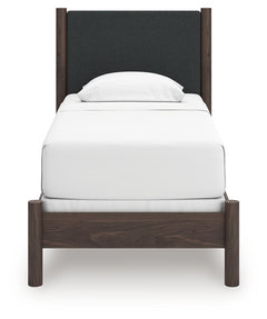 Pamytta Brown Twin Upholstered Panel Bed, Dresser and Mirror - Ornate Home