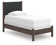 Pamytta Brown Twin Upholstered Panel Bed, Dresser and Mirror - Ornate Home