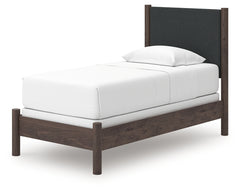 Pamytta Brown Twin Upholstered Panel Bed, Dresser and Mirror - Ornate Home