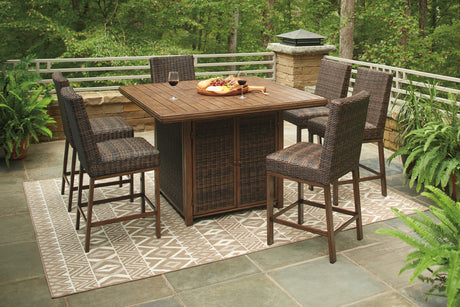 Paradise Trail Medium Brown Outdoor Bar Fire Pit Table with 6 Barstools - Ornate Home