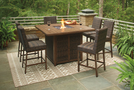 Paradise Trail Medium Brown Outdoor Bar Fire Pit Table with 6 Barstools - Ornate Home